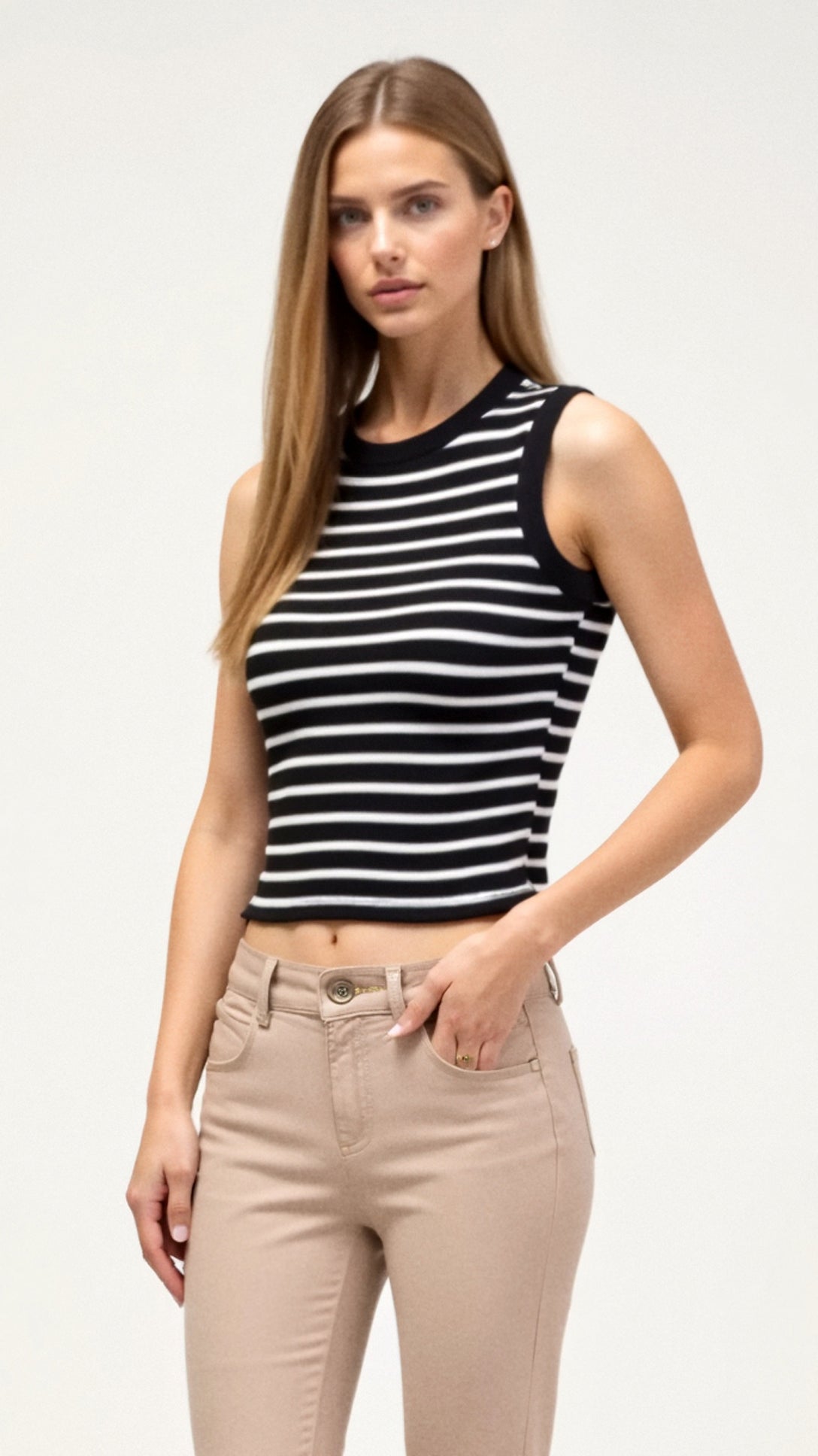 Women's Cropped Tank Top Ribbed Knit Nautical Stripes 9