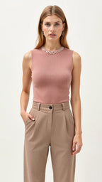 Women's Sleeveless Tank Top Ribbed Fabric with Pearl Embellishments 0