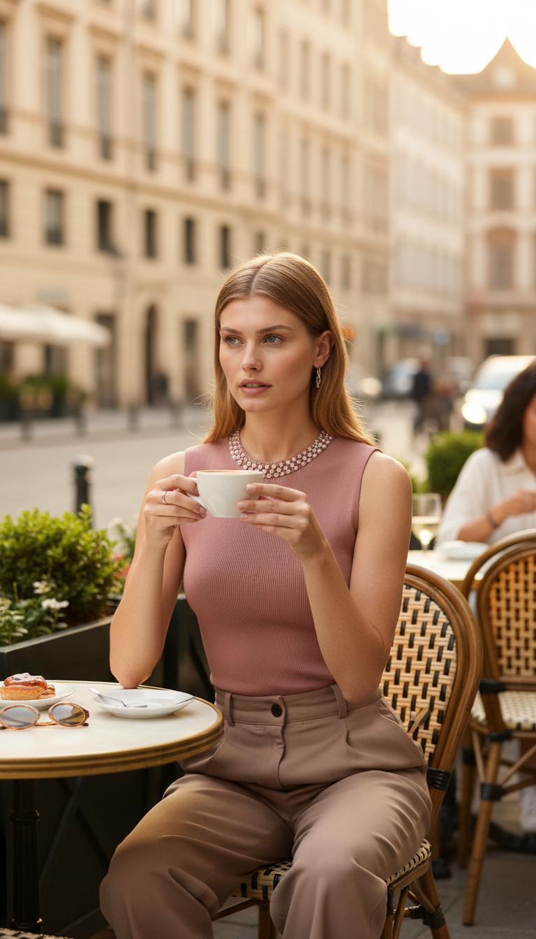 Women's Sleeveless Tank Top Ribbed Fabric with Pearl Embellishments